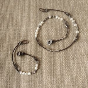 Leather sterling and pearl necklace and bracelet set